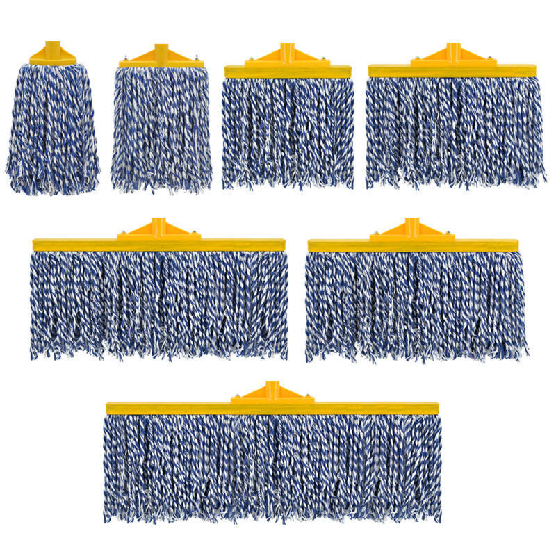 Por que este esfregão de algodão azul e branco com suporte amarelo é ideal para limpeza comercial